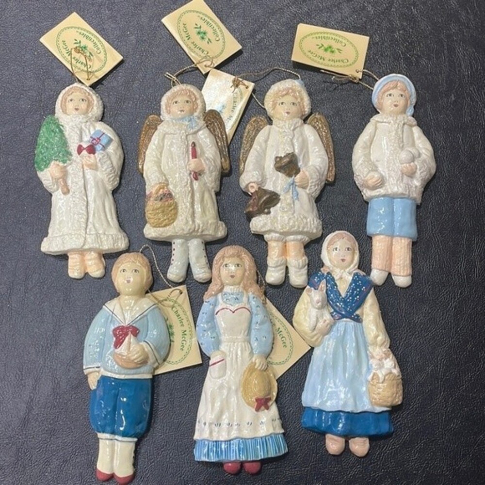 Charlee McGee Hand Painted Ceramic Hanging Ornaments, Set of 7, NEW Vintage 1982